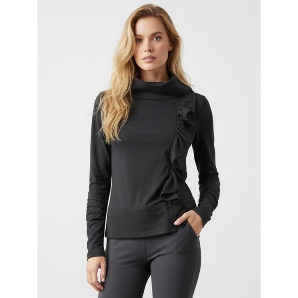 Black Heart Miami Ruffle Funnel Neck Long Sleeve Thumbhole Top Black Medium